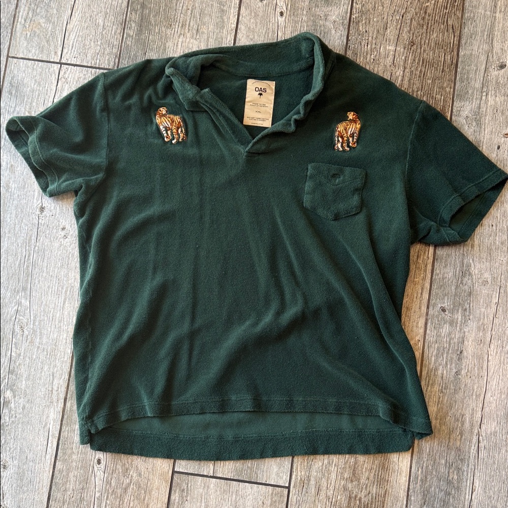 OAS Green Short Sleeve Polo Shirt with Tiger Embroidery - Kids